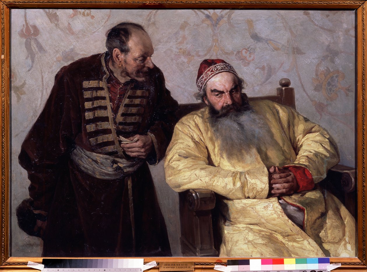 Une denunciation au Boyar (boiard, boiar) (To The Boyar With A Denunciation). Under de oroliga tiderna (1598-1613) under tsar Ivan IV den förskräcklige (1530-1584), i storfurstendömet Moskva, talade en man med ett vikt papper i handen med av Klavdiy Vasilievich Lebedev