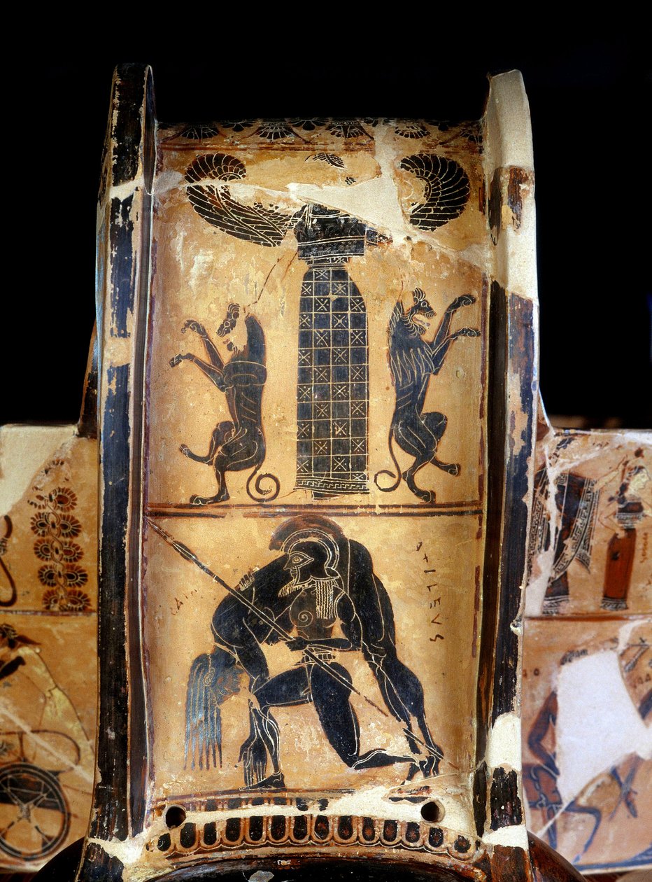 Francois-vasen: detalj av kratern med svarta figurer som föreställer Akilles död buren av Ajax och realiserad av krukmakaren Ergotimos och målaren Klitias. 570 f.Kr. Från Siena. Florens. Nationalmuseet för arkeologi. av Kleitias Kleitias