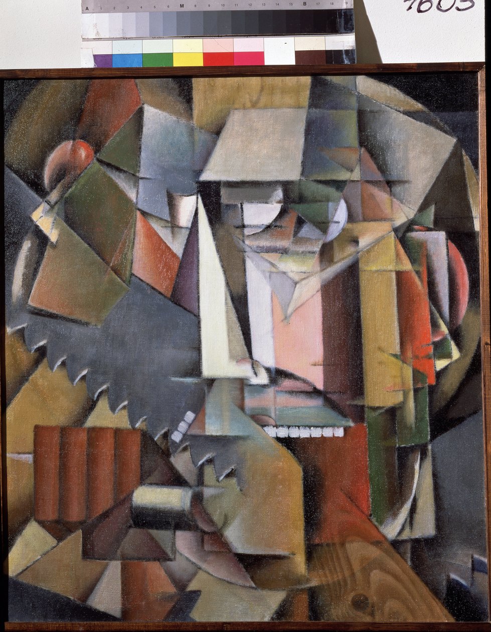 Självporträtt med såg. Målning av Ivan Vassilyevich Klyun (Kliun) (Ivan Klioune) (1873-1943), olja på duk av Klyun Ivan (1873 1943)