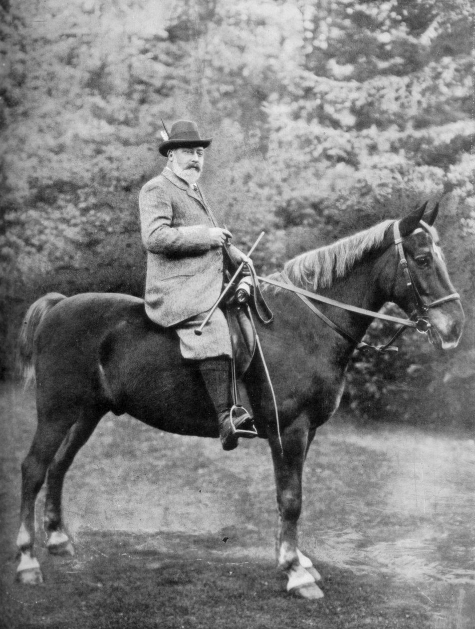 Kung Edward VII rider till förtäckarna i Sandringham, Norfolk, c1902-c1910 1910 av Knights Whittome