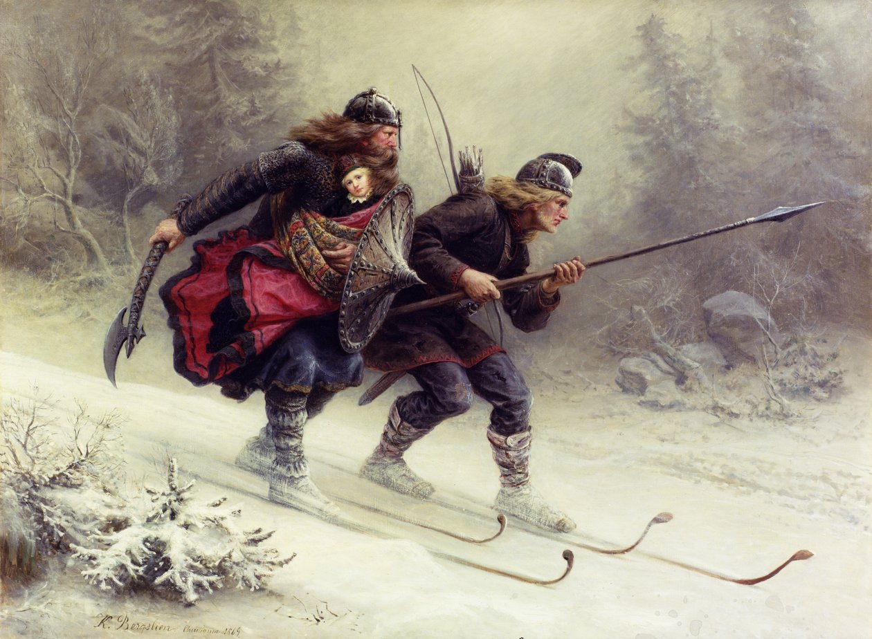 Soldater för den norske kungen Sverre, Torstein Skevla och Skjervald Skrukka bär kungasonen Håkon Håkonsson av Knud Bergslien