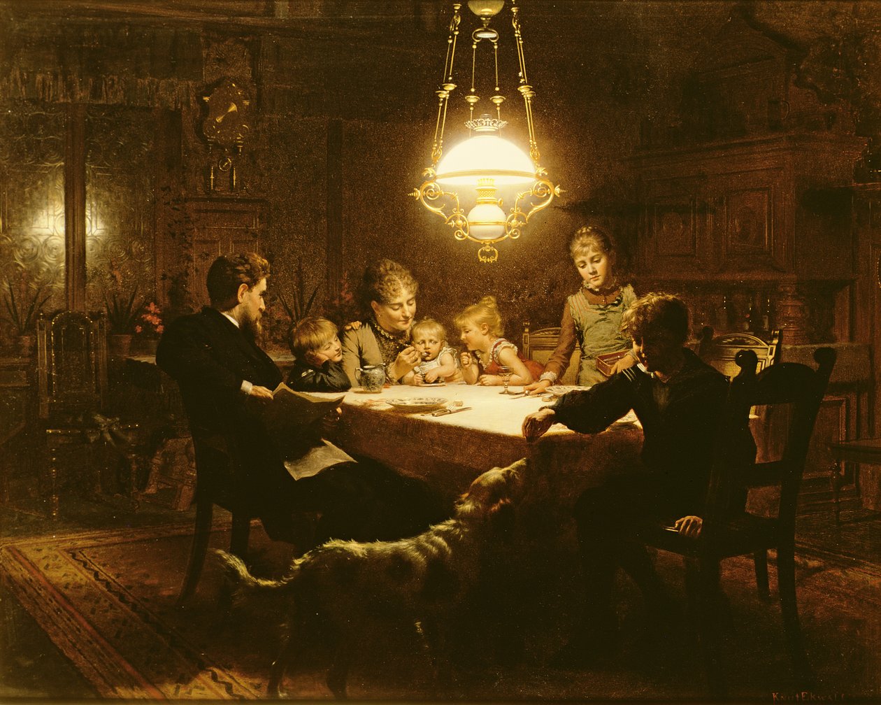 Familjekväll i lampljuset, 1800-tal av Knut Ekvall