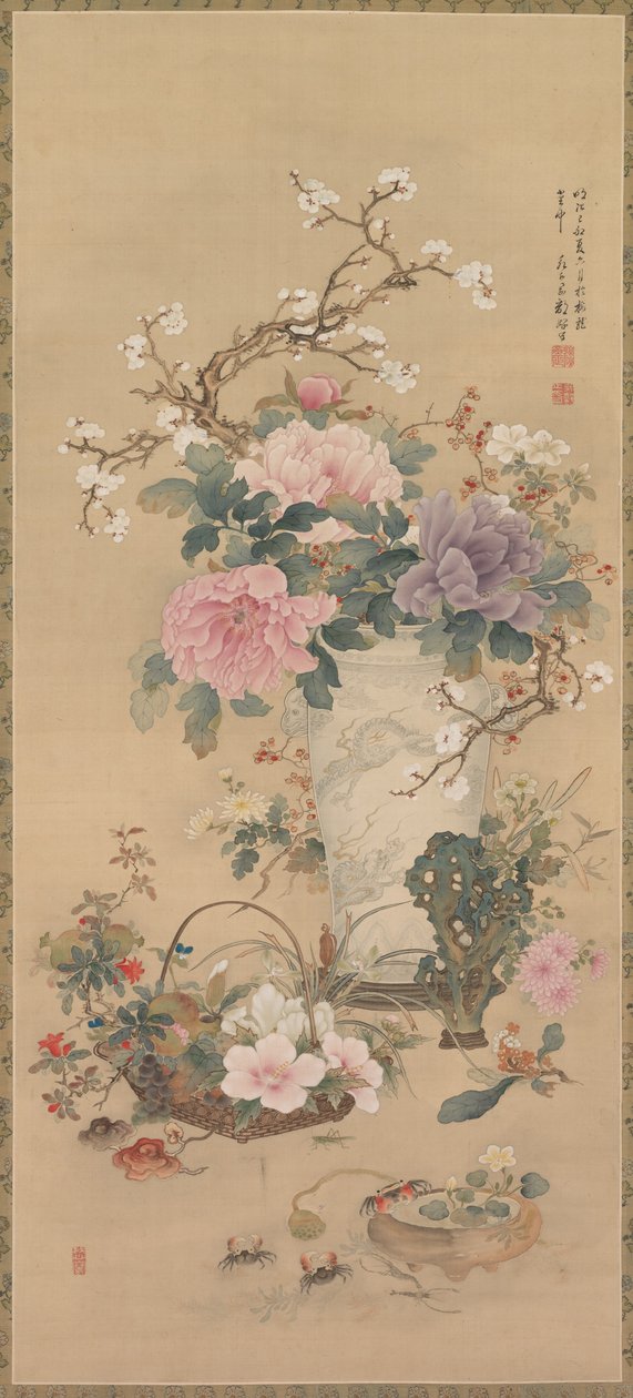 Vas med blommor med gräshoppa, marint liv och trädgårdsklippa, hängande rulle, sent 1800-tal (bläck och färg på siden) av Ko Okabe