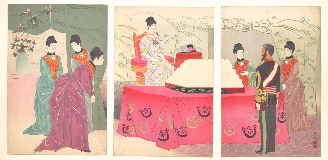 Illustration av kejsarinnans besök vid generalstabens högkvarter [för att överlämna en bricka med bandage] (Sanbō honbu gyōkei no zu) av Kobayashi Kiyochika