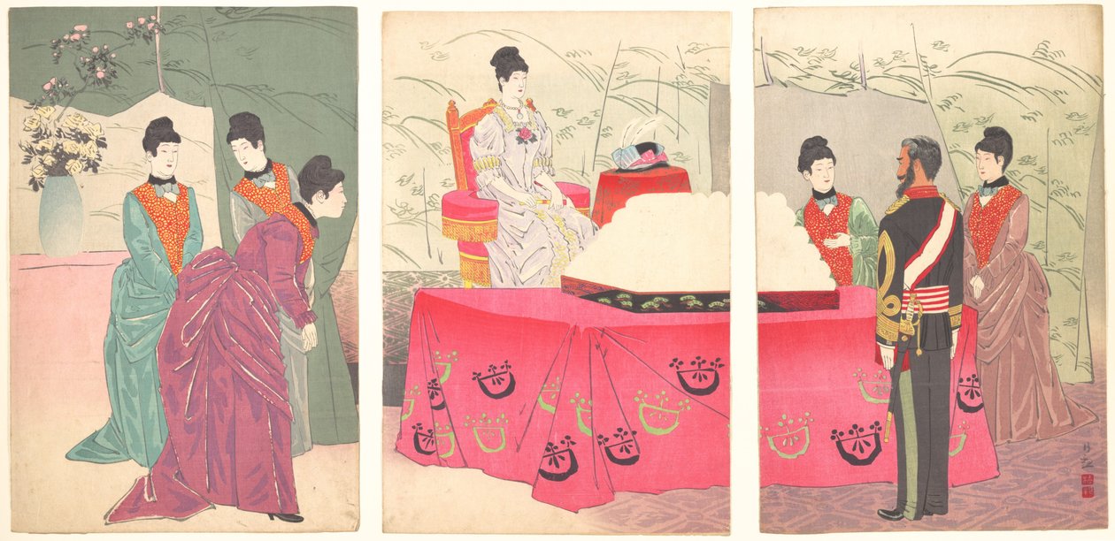 Illustration av kejsarinnan som besöker generalstabens högkvarter [för att presentera en bricka med ..., 1895. av Kobayashi Kiyochika