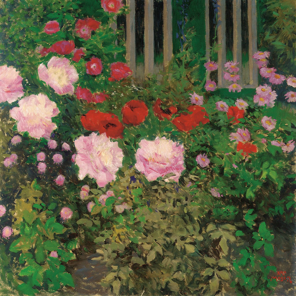 Blommor och trädgårdsstaket; Blommande blommor på trädgårdsstaketet av Koloman Moser