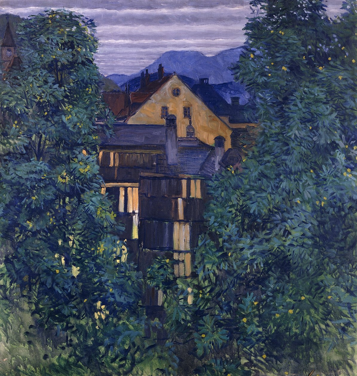 Översikt över Payerbach, i bakgrunden Rax; Vy genom Payerbach, i bakgrunden Rax, ca 1912-1913 av Koloman Moser