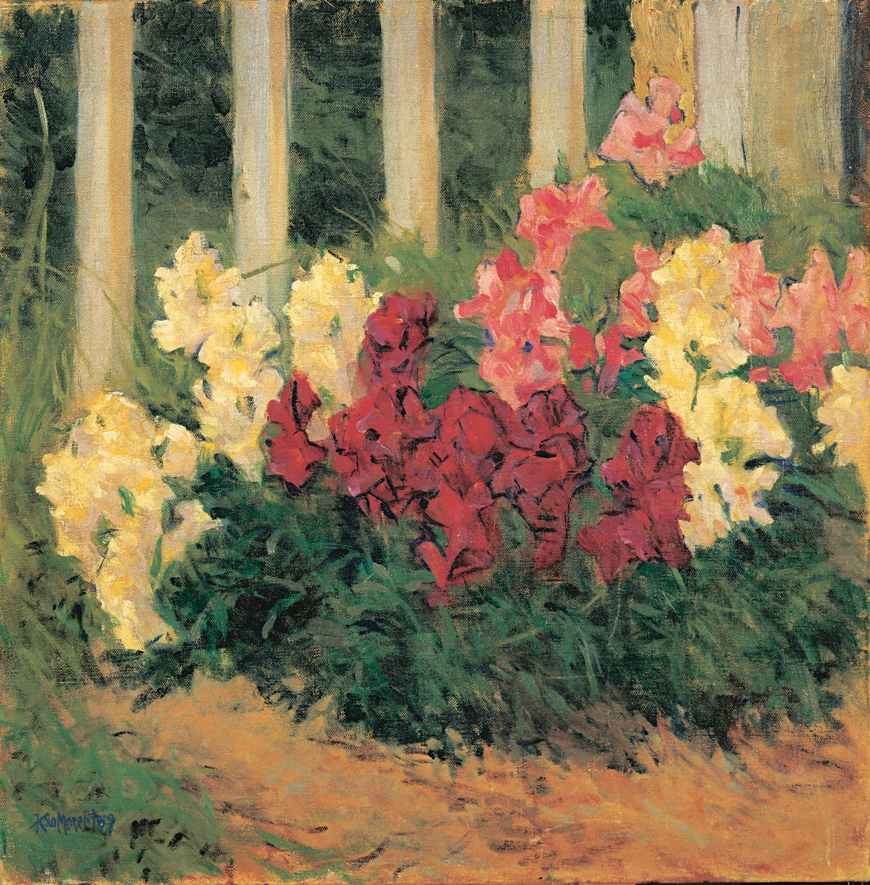 Blumenstrauch vor Gartenzaun - Blommor framför ett trädgårdsstaket ... (olja på duk) av Koloman Moser