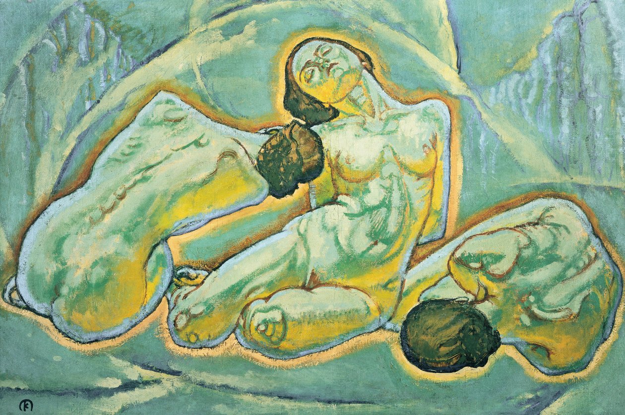 Drei kauernde Frauen - Tre hukande kvinnor ... (målning på duk) av Koloman Moser