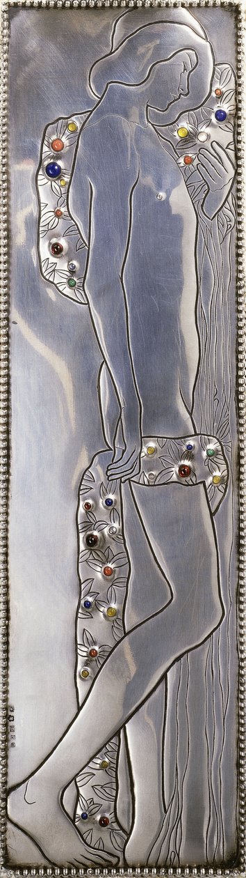 Infälld panel av en Wiener Werkstatte vitmålad enkelsäng föreställande en naken androgyn figur (detalj), c.1904 (silver, lapis lazuli, månstenar, malakit, korall, trä) av Koloman Moser