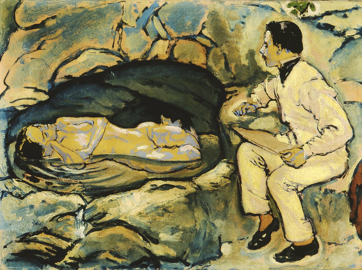 Självporträtt, teckning med sjöjungfru i klippgrottan, 1914. av Koloman Moser