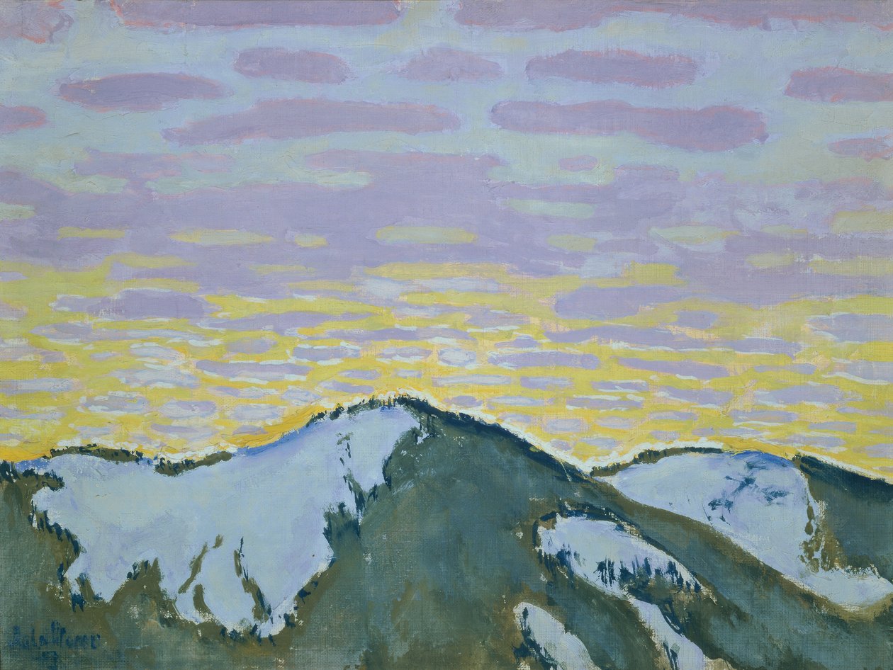 Snöiga bergstoppar i skymningen av Koloman Moser