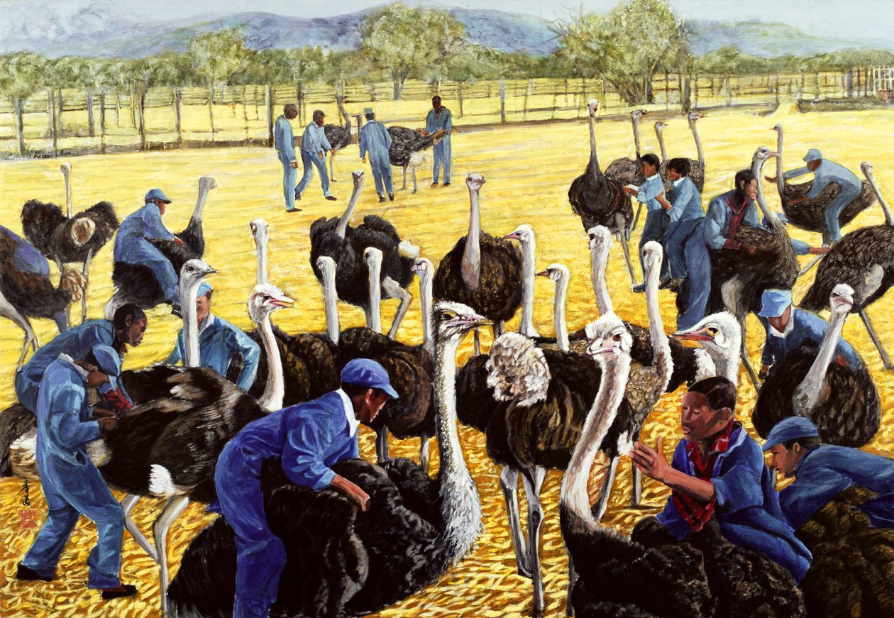 Strutsfarm, 1988 (gouache på rispapper) av Komi Chen