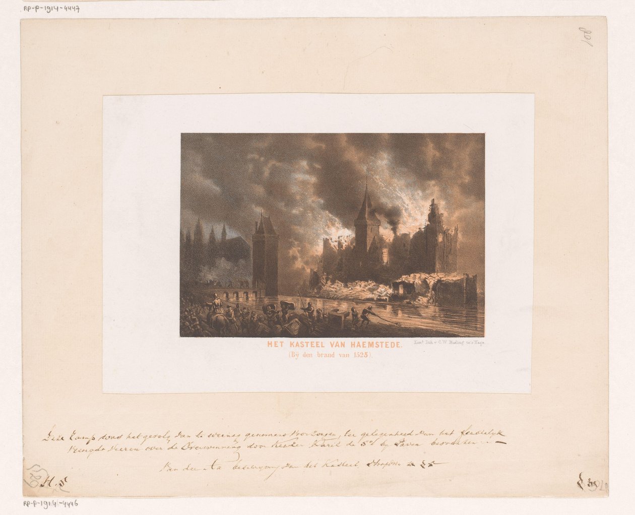 Brand i slottet Haamstede Slottet Haemstede. (Vid branden 1525). (titel på objekt) av Koninklijke Nederlandse Steendrukkerij van C.W. Mieling