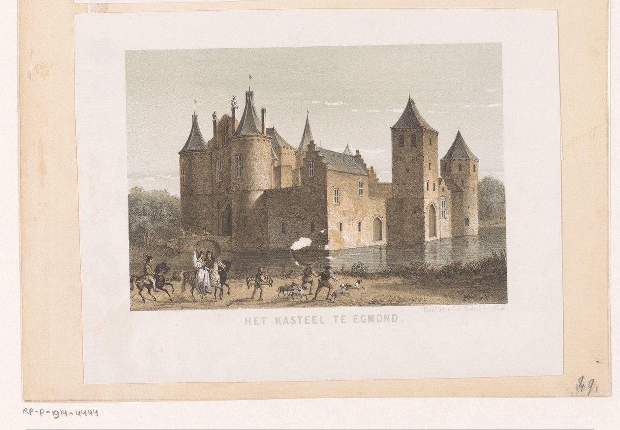Utsikt över Egmonds slott Slottet i Egmond (titel på objekt) av Koninklijke Nederlandse Steendrukkerij van C.W. Mieling