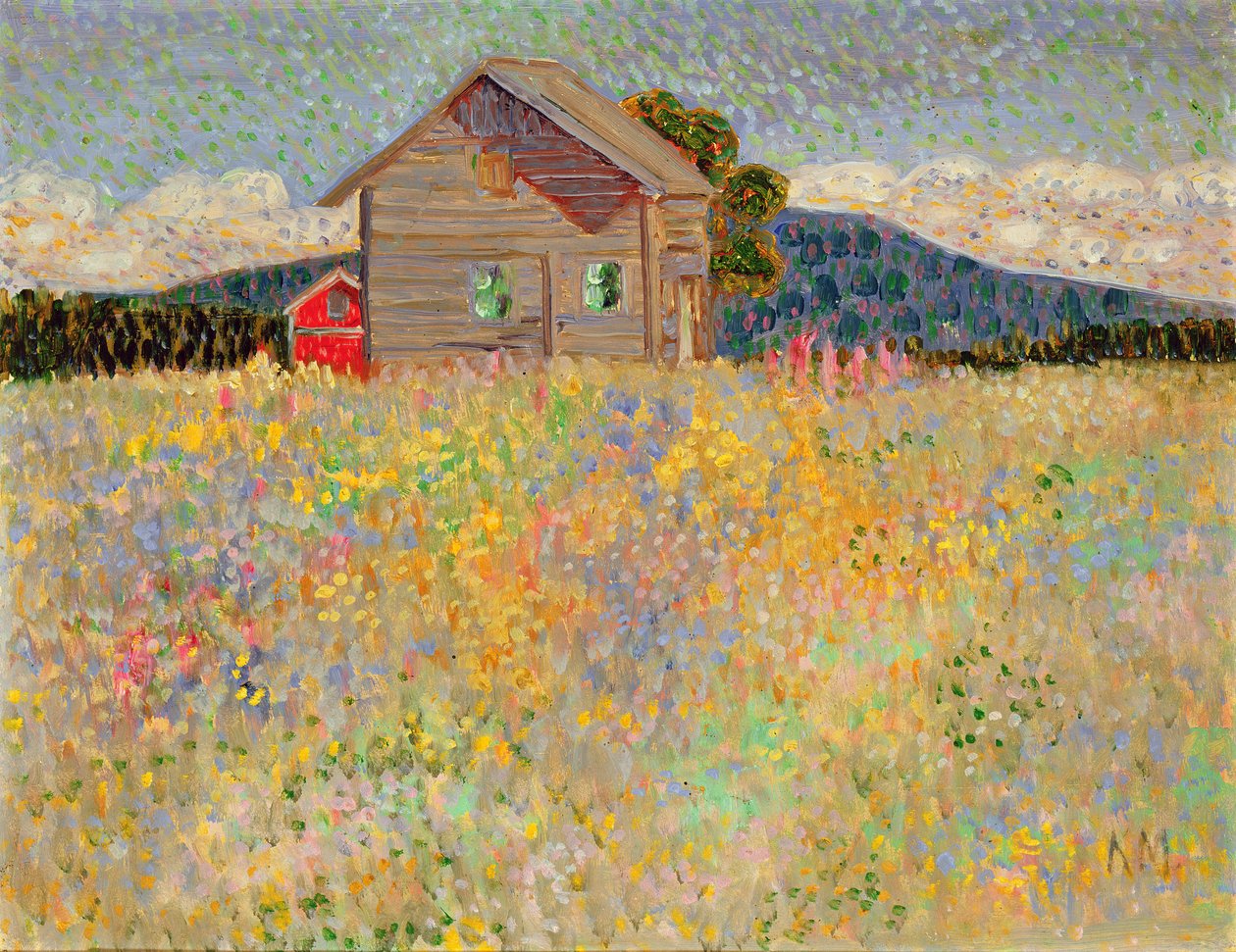 Litet trähus på en blommande äng, ca 1909 (olja på pappskiva) av Konrad Magi