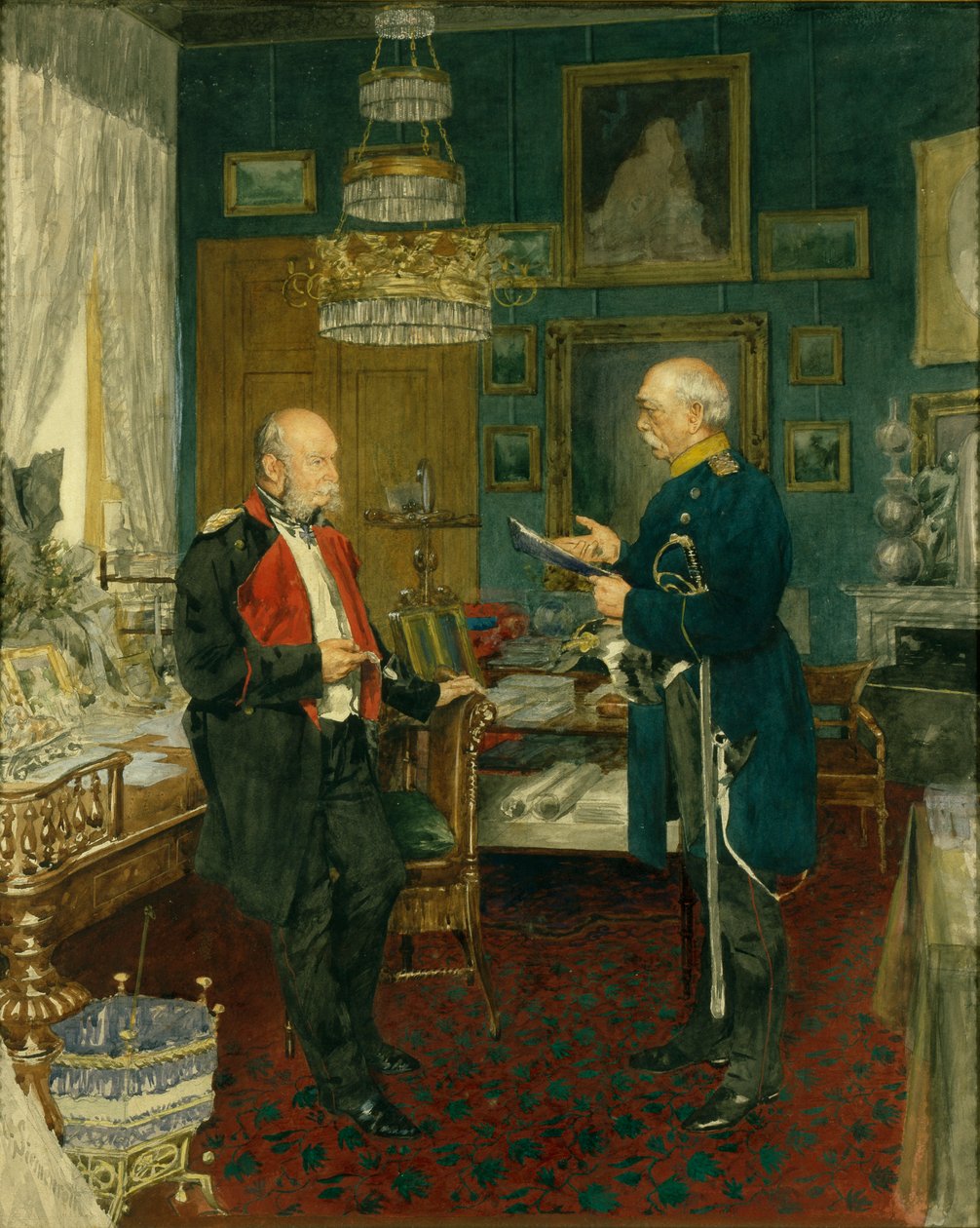 Bismarck med kejsar Wilhelm I i ett rum i Unter den Linden-palatset, Berlin av Konrad Siemenroth