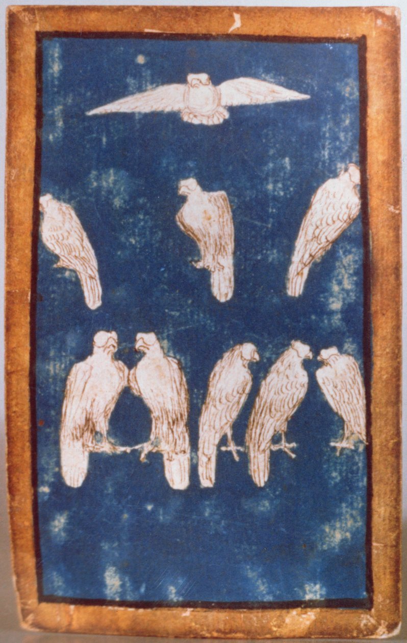 Rovfåglar under flygning och på sittpinnar, ett av en uppsättning spelkort som visar scener av hövisk hökning, Upper Rhein Area, c.1440-45 (penna och bläck, wc) (se även 87698 och 88301-04) av Konrad Witz