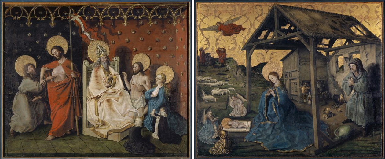 Otrolighet av Saint Thomas och Kristus och Jungfrun som går i förbön med Gud Fadern och födseln av Konrad Witz