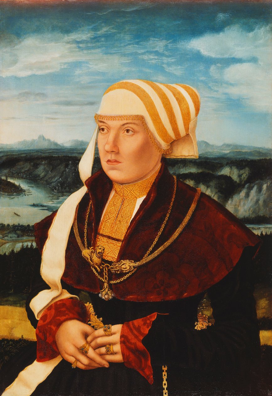 Porträtt av Dorothea von Stralenburg, 26 år, trekvartslängd, i en röd och svart klänning med guldornament, före ett vidsträckt landskap, 1533 av Konrad Faber von Kreuznach