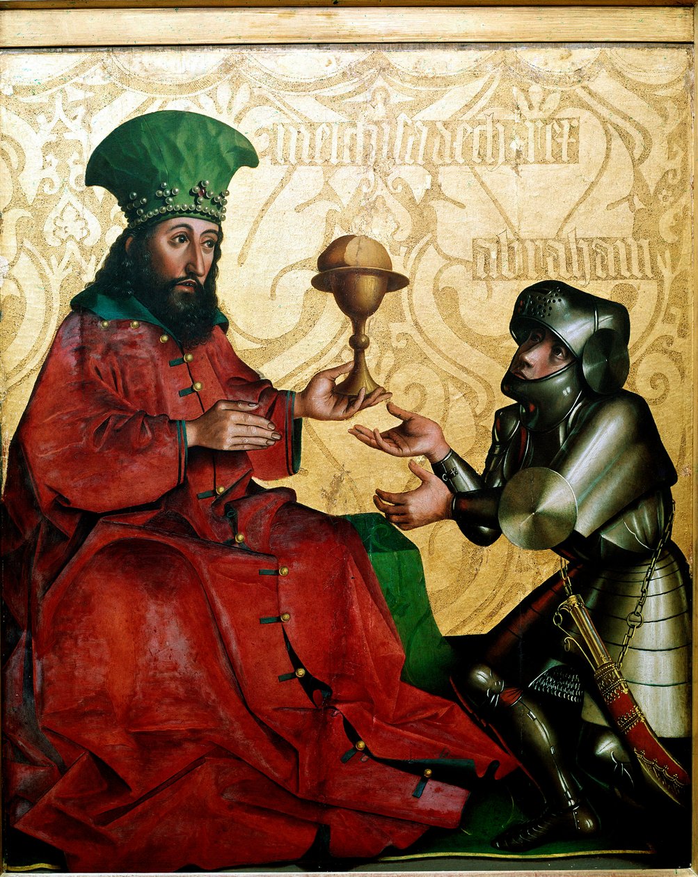 Abraham och Melkisedek Kungen av Salem Melkisedek (Melkisedek eller Melkisedek eller Melkisedek eller Melkisedek) erbjuder Abraham, segrande i en strid mot Kedorlaomer (Kedor Laomer), bröd och vin. Målning av Conrad Witz ( av Konrad Witz