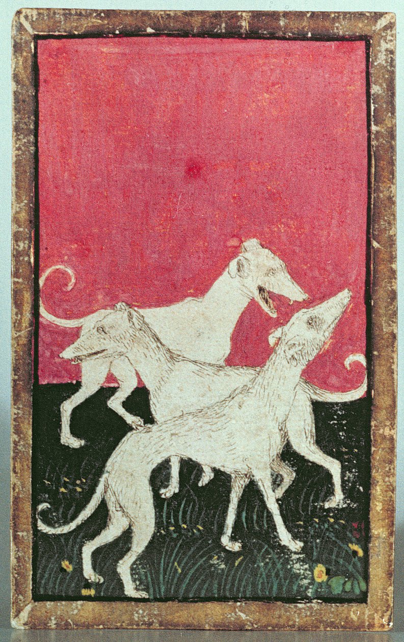 Tre jagthunde, en af et sæt spillekort, der viser scener med høvisk hawking, Upper Rhein Are, ca. 1440-45 (pen og blæk, wc) (se også 87698, 88300 og 88302-04) sverige av Konrad Witz