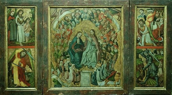 Jungfruns kröning; Kristi dop; Johannes Döparens död; St. George som dräper draken (triptyk) av Konrad von Friesach