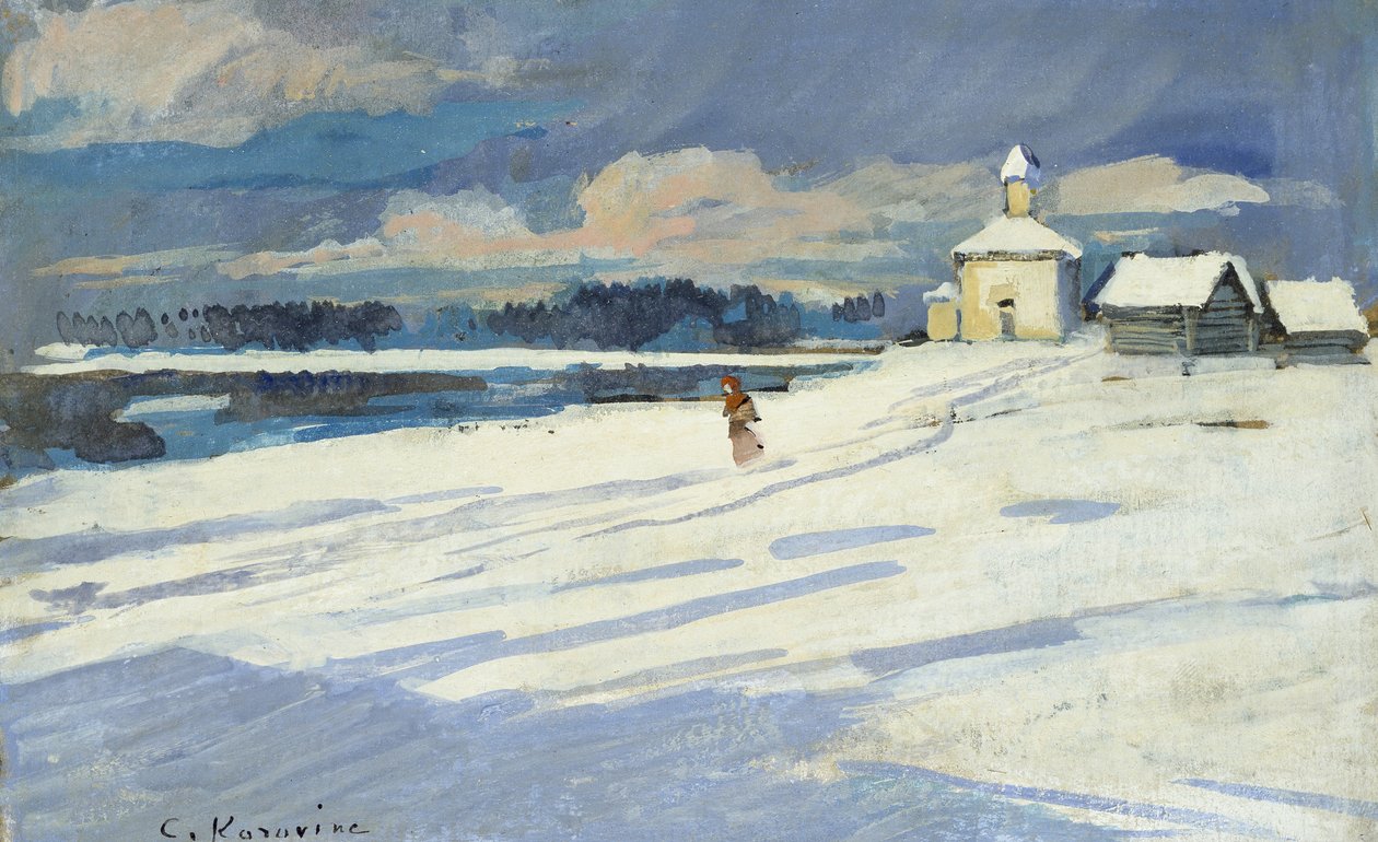 Vinterlandskap med en liten kyrka (olja ombord, monterad som ritning) av Konstantin Alekseevich Korovin
