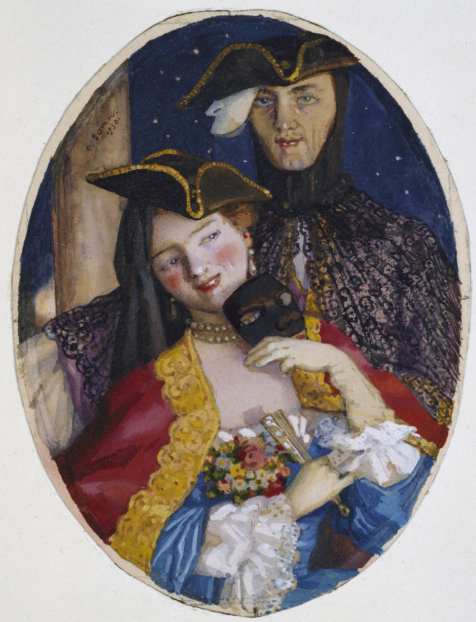 Par klädd för en venetiansk karneval, 1930 (Kroppsfärg över spår av grafit på krämpapper) av Konstantin Andreevic Somov