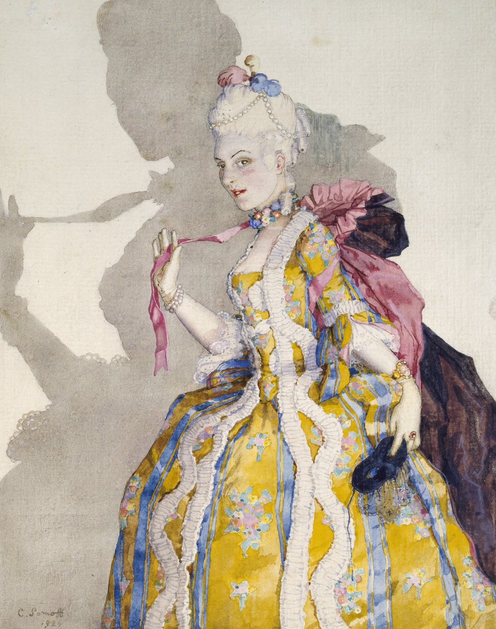 Design for a Costume of a Marquise för ballerinan Tamara Karsavina, 1924 (akvarell och inslag av kroppsfärg inom en avgränsad kant i svart bläck på vitt vävt papper) av Konstantin Andreevic Somov
