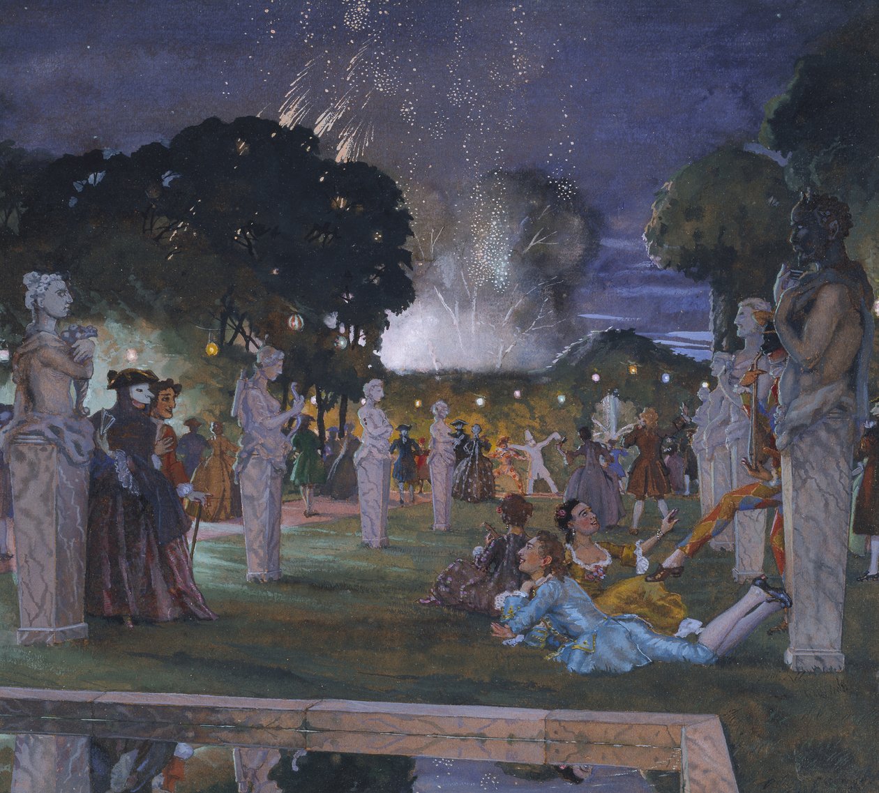 Fêtes aux environs de Venise, 1930 (färg på orangefärgat papper) av Konstantin Andreevic Somov