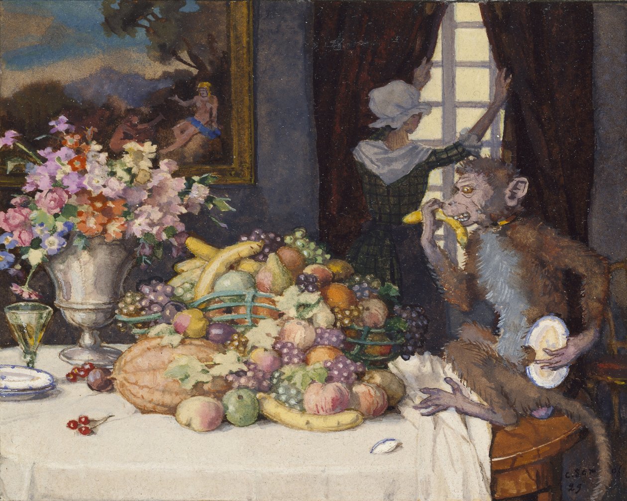 Greedy Monkey, 1929 (kroppsfärg inom en avgränsad kant i svart bläck på krämpapper) av Konstantin Andreevic Somov