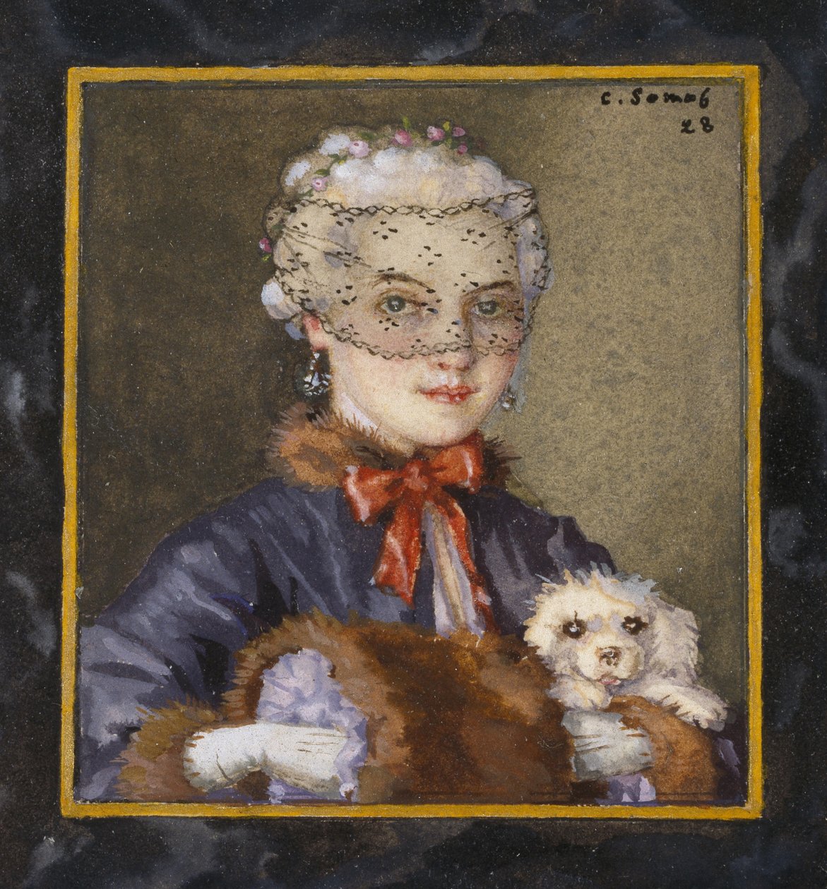 Lady with a Dog, 1928 (kroppsfärg inom en avgränsad kant i svart bläck som omger en fiktiv ram på vitt papper) av Konstantin Andreevic Somov