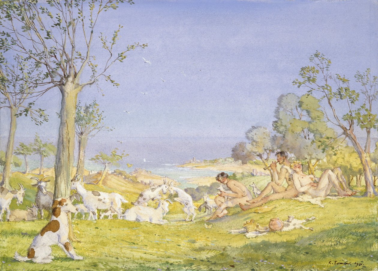 Landskap med herdar och getter, 1931 (Kroppsfärg över grafit inom en avgränsad ram i grafit på vitt papper) av Konstantin Andreevic Somov