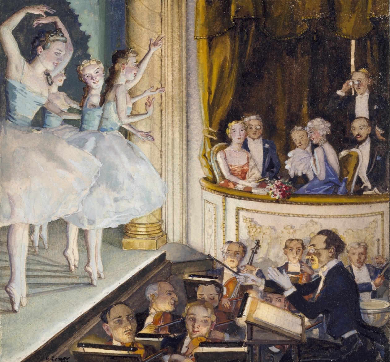 Rysk balett, 1930 (kroppsfärg inom en avgränsad kant i svart bläck på krämpapper) av Konstantin Andreevic Somov