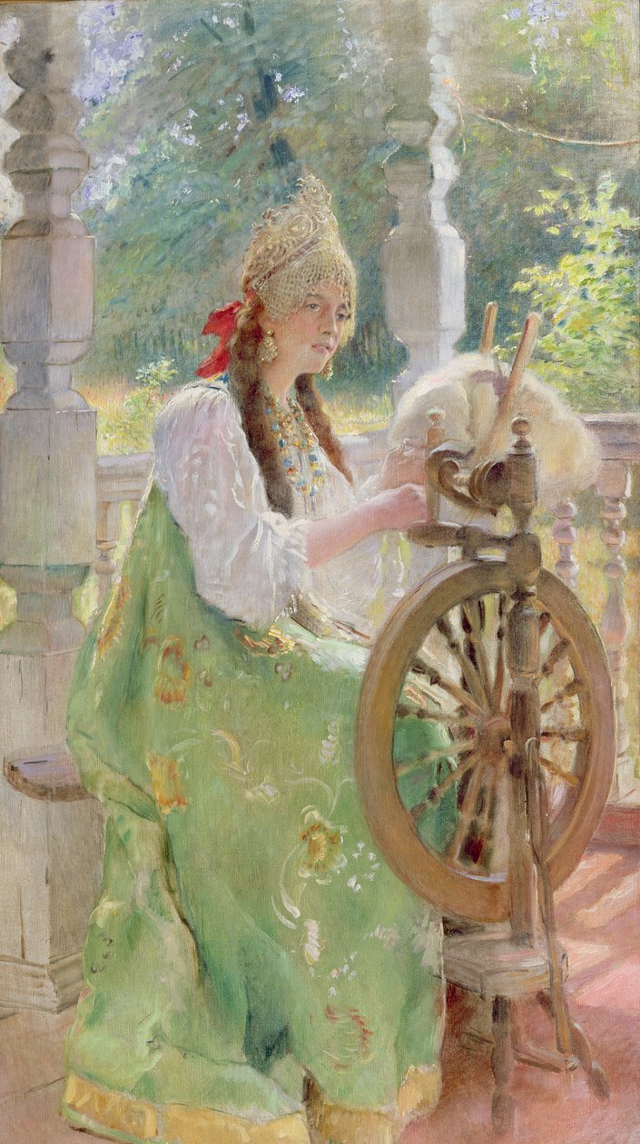 Vid Spinning-Wheel av Konstantin Egorovich Makovsky