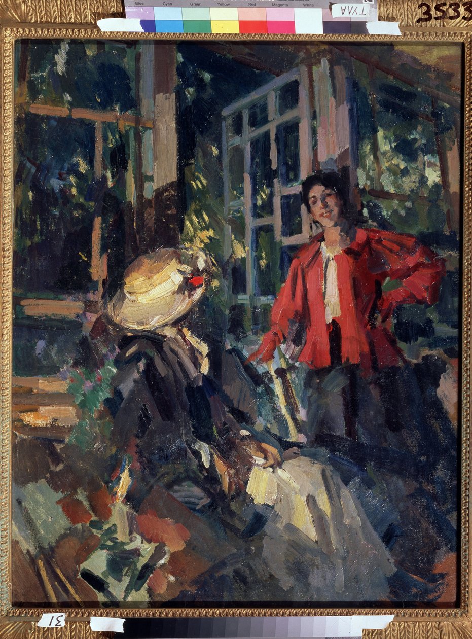 Vid fönstret. Två unga kvinnor, den ena mycket leende, den andra vände sig om mycket elegant, framför ett stort burspråk. Målning av Konstantin Alexeyevich Korovin (Constantin Korovin) (1861-1939), olja på duk av Konstantin Alekseevich Korovin