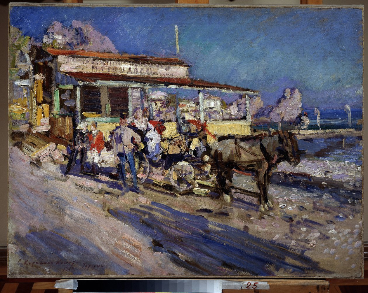 Gurzuf (Krim) (Gurzuf). Hamnbyn häckar i hålet i en vik, med utsikt över björnens berg. Målning av Konstantin Alexeyevich Korovin (Constantin Korovin) (1861-1939), olja på duk av Konstantin Alekseevich Korovin
