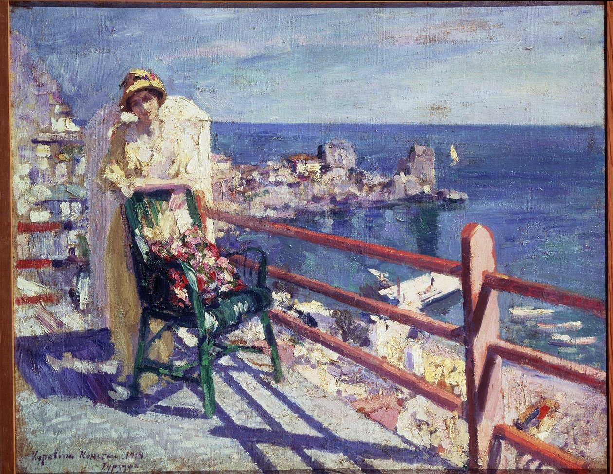 Gurzuf (i Krimbukten, vid Svarta havet, i Ukraina) (Gurzuf). Utsikt över havet, från terrassen på ett kafé i en kuststad, med en elegant ung kvinna i sommarklänning, lutad på en stolsrygg, med en blommig kudde av Konstantin Alekseevich Korovin
