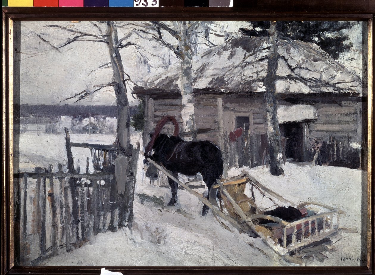 Vinter (vinter). En häst och vagn på gården till ett trähus, på landsbygden, under snön. Målning av Konstantin Alexeyevich Korovin (Constantin Korovin) (1861-1939), olja på duk av Konstantin Alekseevich Korovin