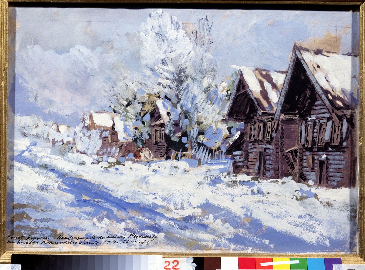 Vinter (vinter). Utsikt över gatan i en by med trähus, under snön. Verk av Konstantin Alexeyevich Korovin (1861-1939), gouache på kartong av Konstantin Alekseevich Korovin