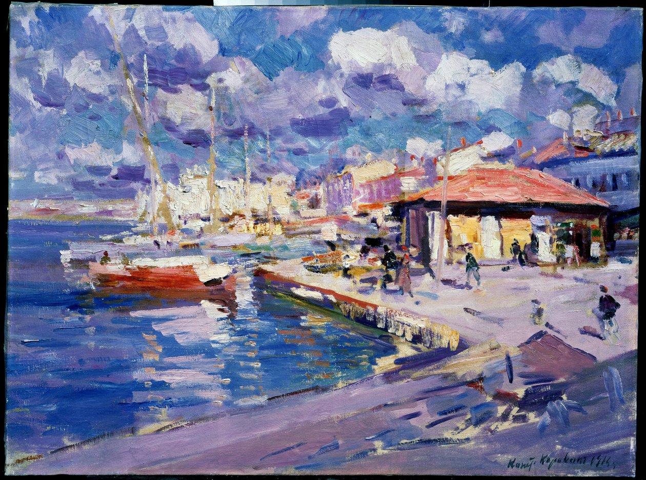 Fishing Bay i Sevastopol (Ukraina) (Fishing Bay, Sevastopol). Utsikt över kajen där båtar, vandrare och byggnader ligger förtöjda under solen. Målning av Konstantin Alexeyevich Korovin (Constantin Korovin) (1861-1939), olja på duk av Konstantin Alekseevich Korovin