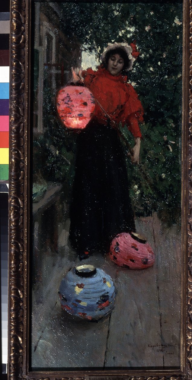 Kinesiska lyktor (kinesiska lyktor). En kvinna tänder och sätter upp papperslyktor (lampioner) på verandan på kvällen. Målning av Konstantin Alexeyevich Korovin (Constantin Korovin) (1861-1939), olja på duk av Konstantin Alekseevich Korovin