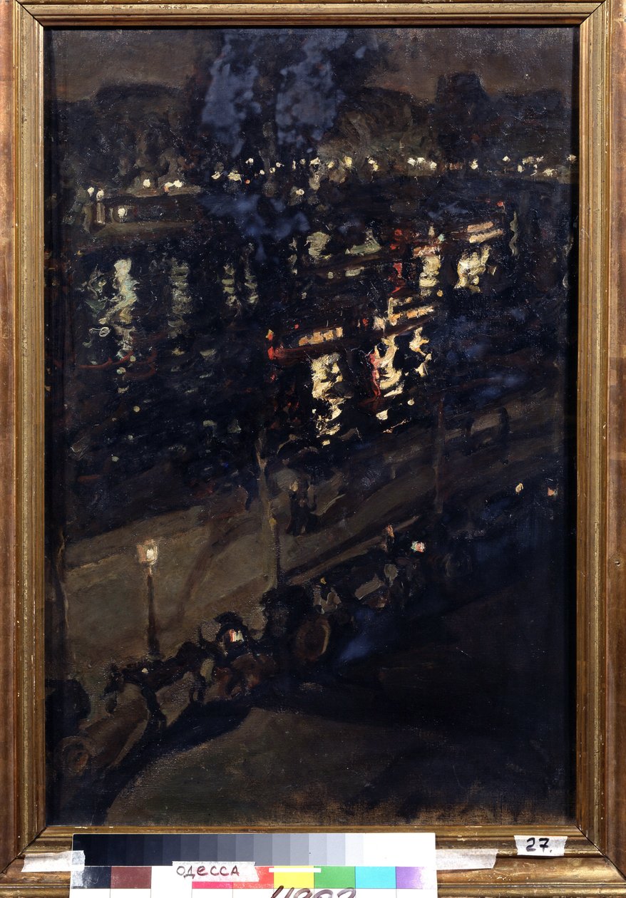 Paris på natten (Paris på natten). Utsikt över Seines kajer, med en häst och vagn, och stadens ljus som reflekteras på vattenytan. Målning av Konstantin Alexeyevich Korovin (Constantin Korovin) (1861-1939), olja på duk, rysk konst av Konstantin Alekseevich Korovin
