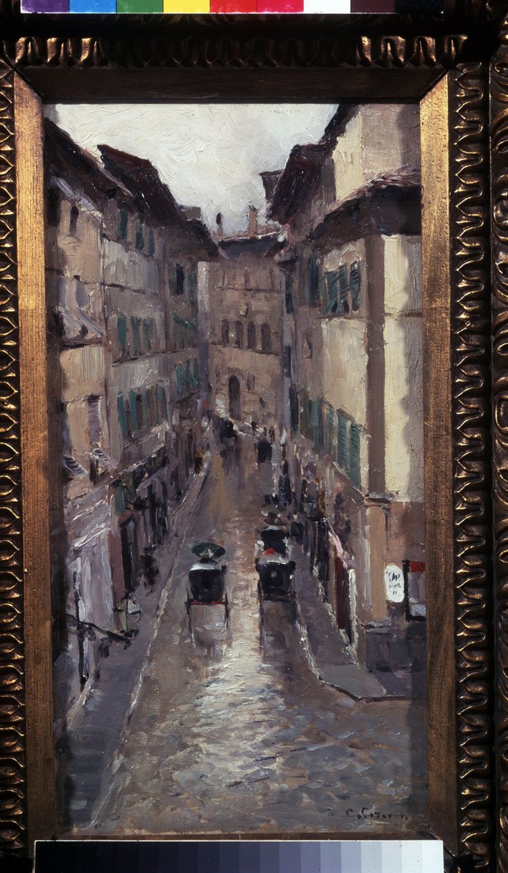 Regn i Florens (Regn i Florens). Beskrivning av en gata i den medeltida stadskärnan i staden Toscana (Italien). Målning av Konstantin Alexeyevich Korovin (Constantin Korovin) (1861-1939), olja på duk av Konstantin Alekseevich Korovin