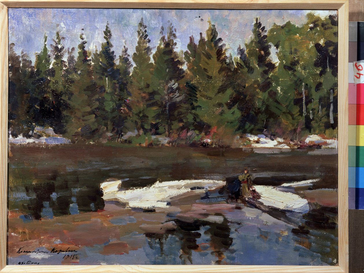Vår (vår). Landskap, stranden av en flod i skogen. Målning av Konstantin Alexeyevich Korovin (Constantin Korovin) (1861-1939), olja på duk av Konstantin Alekseevich Korovin