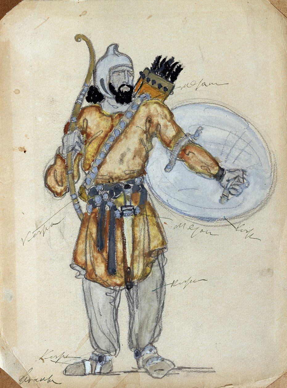 Kostymdesign för operan Prince Igor av Alexander Borodin (1833-1887) (Dräktdesign för operan Prince Igor av A. Borodin). Verk av Konstantin Alexeyevich Korovin (Constantin Korovin) (1861-1939), akvarell och gouache på papper av Konstantin Alekseevich Korovin