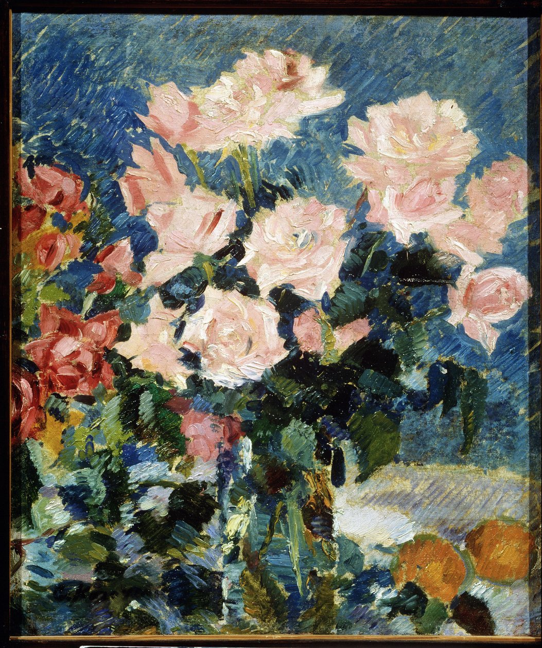 Rosor (Rosor). Målning av Konstantin Alexeyevich Korovin (Constantin Korovin) (1861-1939), olja på duk, cirka 1930. Stilleben, rysk konst från 1900-talet, postimpressionism. State Art useum, Yaroslavl (Ryssland). av Konstantin Alekseevich Korovin