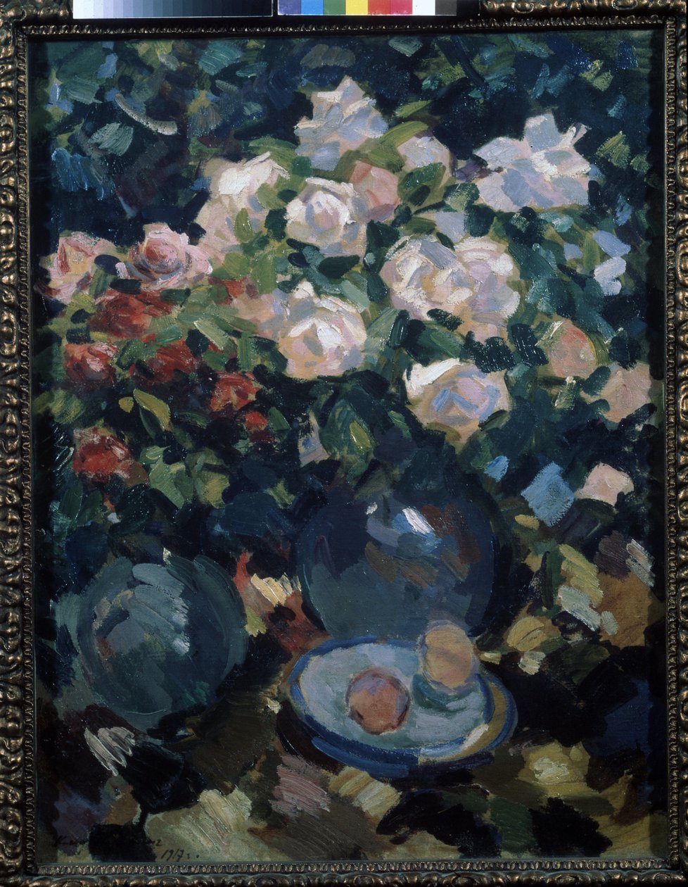 Rosor i en blå kanna. Målning av Konstantin Alexeyevich Korovin (Constantin Korovin) (1861-1939), olja på duk av Konstantin Alekseevich Korovin