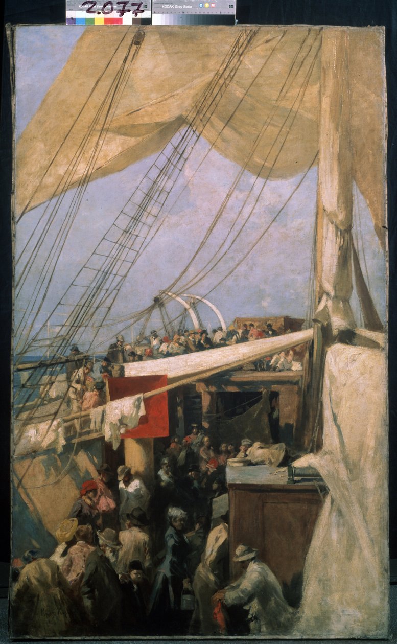 På däck (På däck). Beskrivning av mängden passagerare på däcket av en båt. Målning av Konstantin Alexeyevich Korovin (Constantin Korovin) (1861-1939), olja på duk, cirka 1880. Rysk konst sent 1800-tal. Statens Tretjakovgalleri, Moskva. av Konstantin Alekseevich Korovin